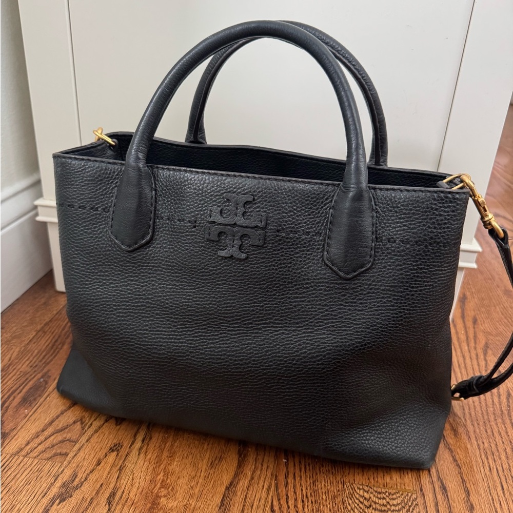 Tory Burch McGraw Triple Compartment Leather Satchel Black gold hardware